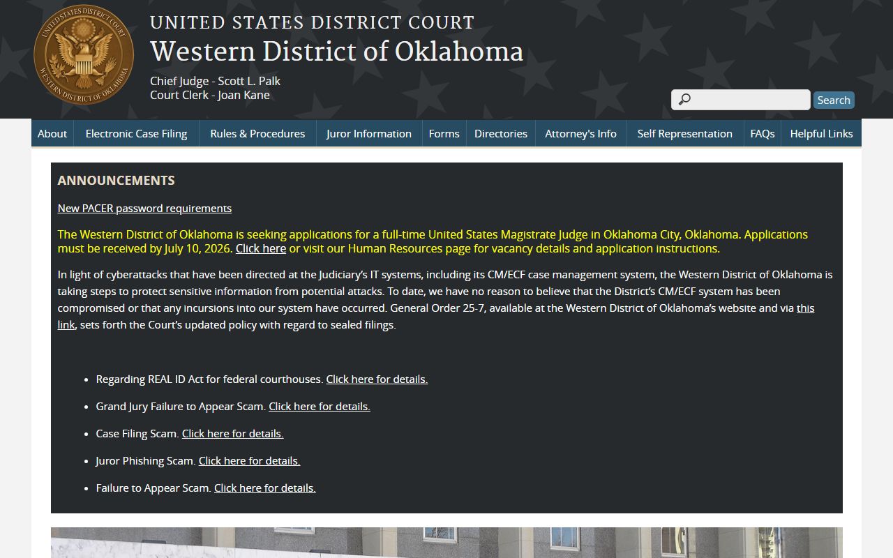 Dewey County federal court records and Court Clerk access, Western District of Oklahoma