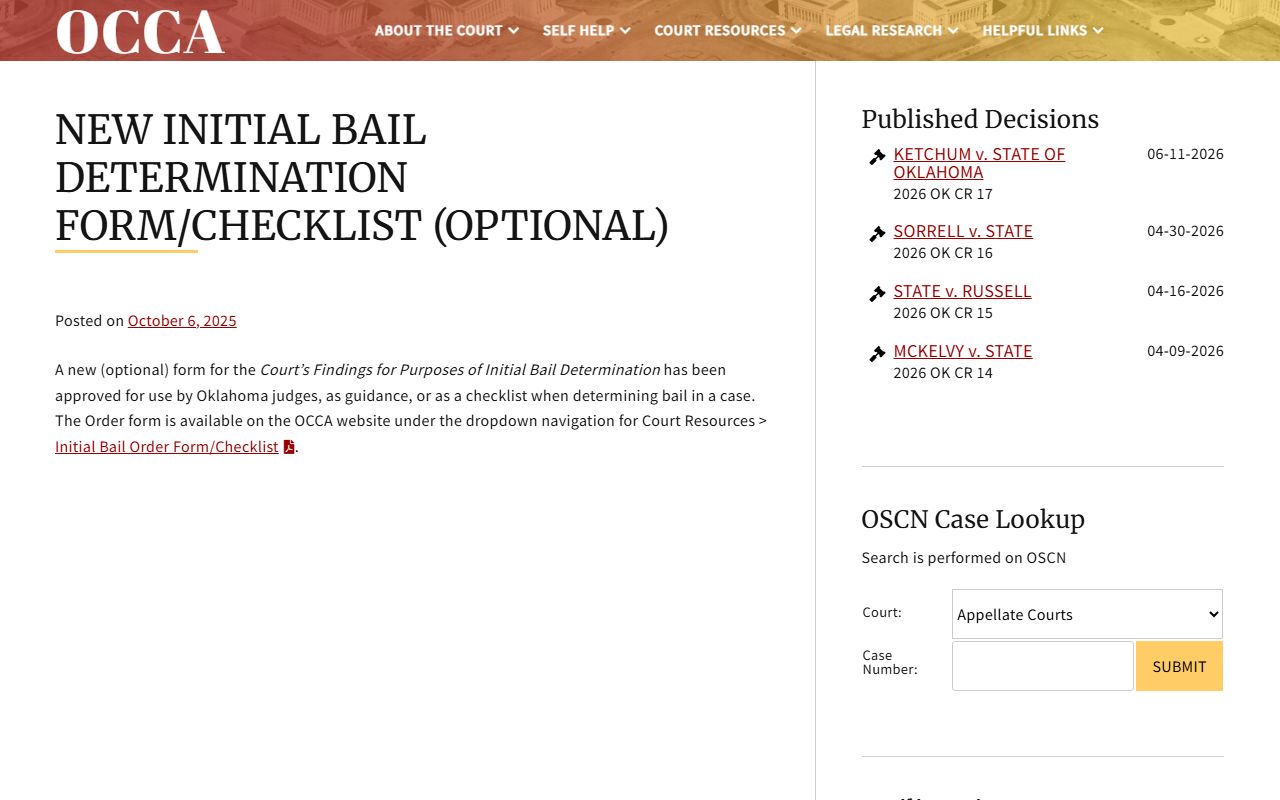 Dewey County court dockets OCCA initial bail determination checklist notice