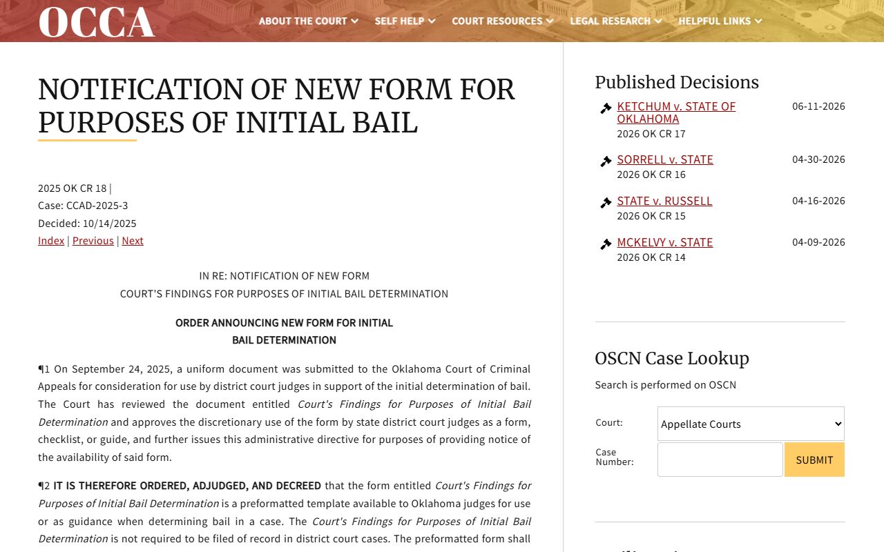 Dewey County court dockets OCCA order approving initial bail form