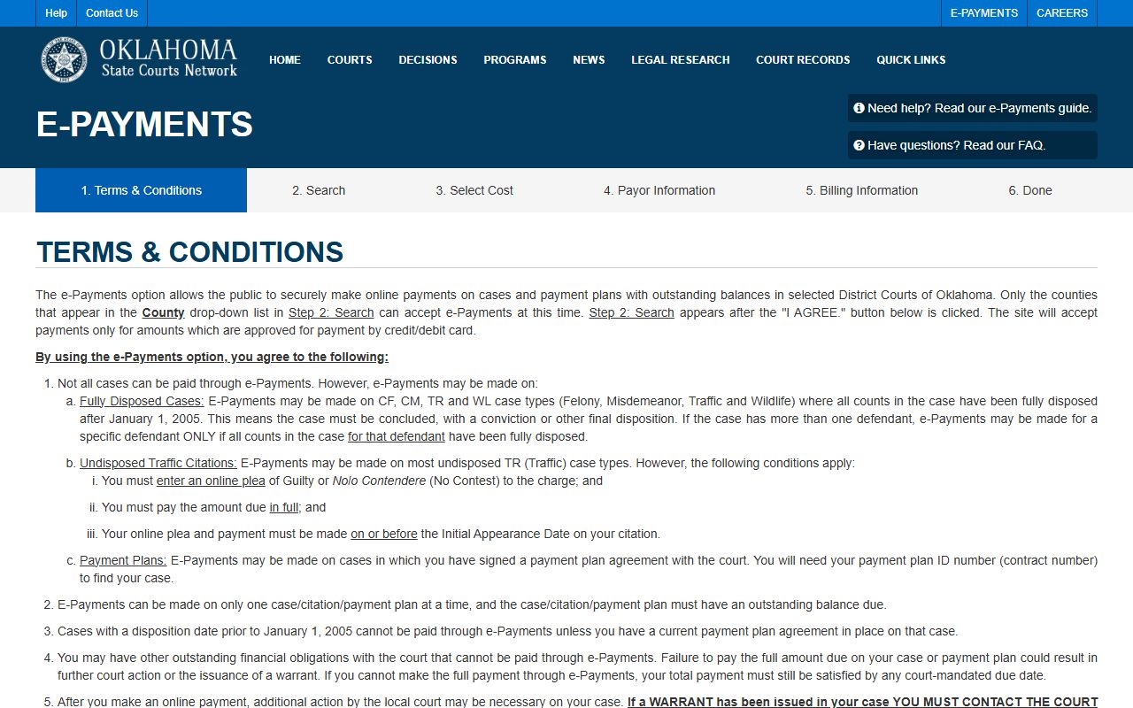Dewey County court dockets OSCN e-payments search page