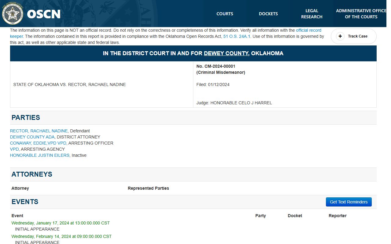 Dewey County court records sample case docket on OSCN