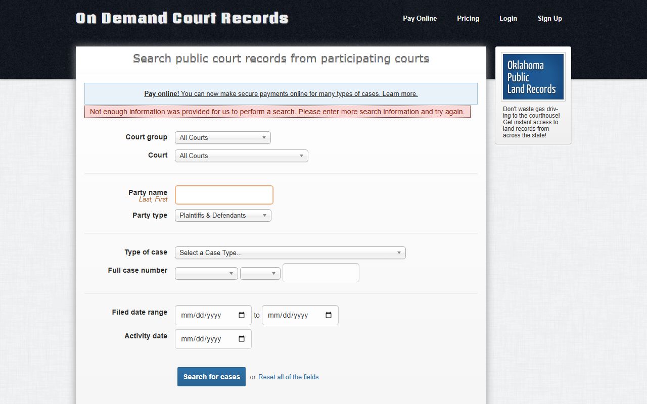 Dewey County court records case detail on the ODCR search page