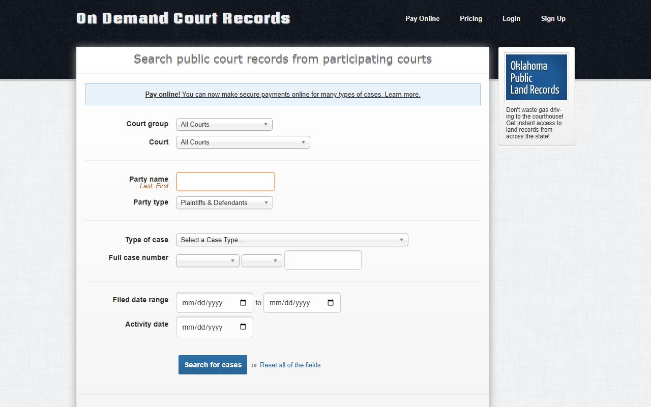 Dewey County court records search on the ODCR public portal