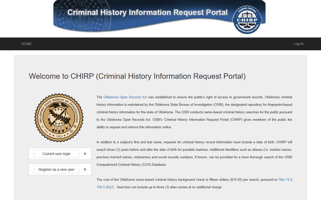 Dewey County criminal court records OSBI CHIRP criminal-history search portal