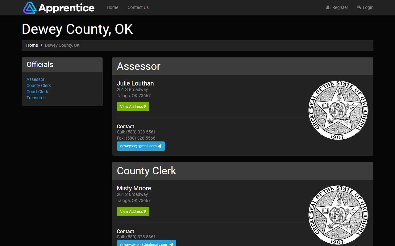 Dewey County official directory used for court records office contacts