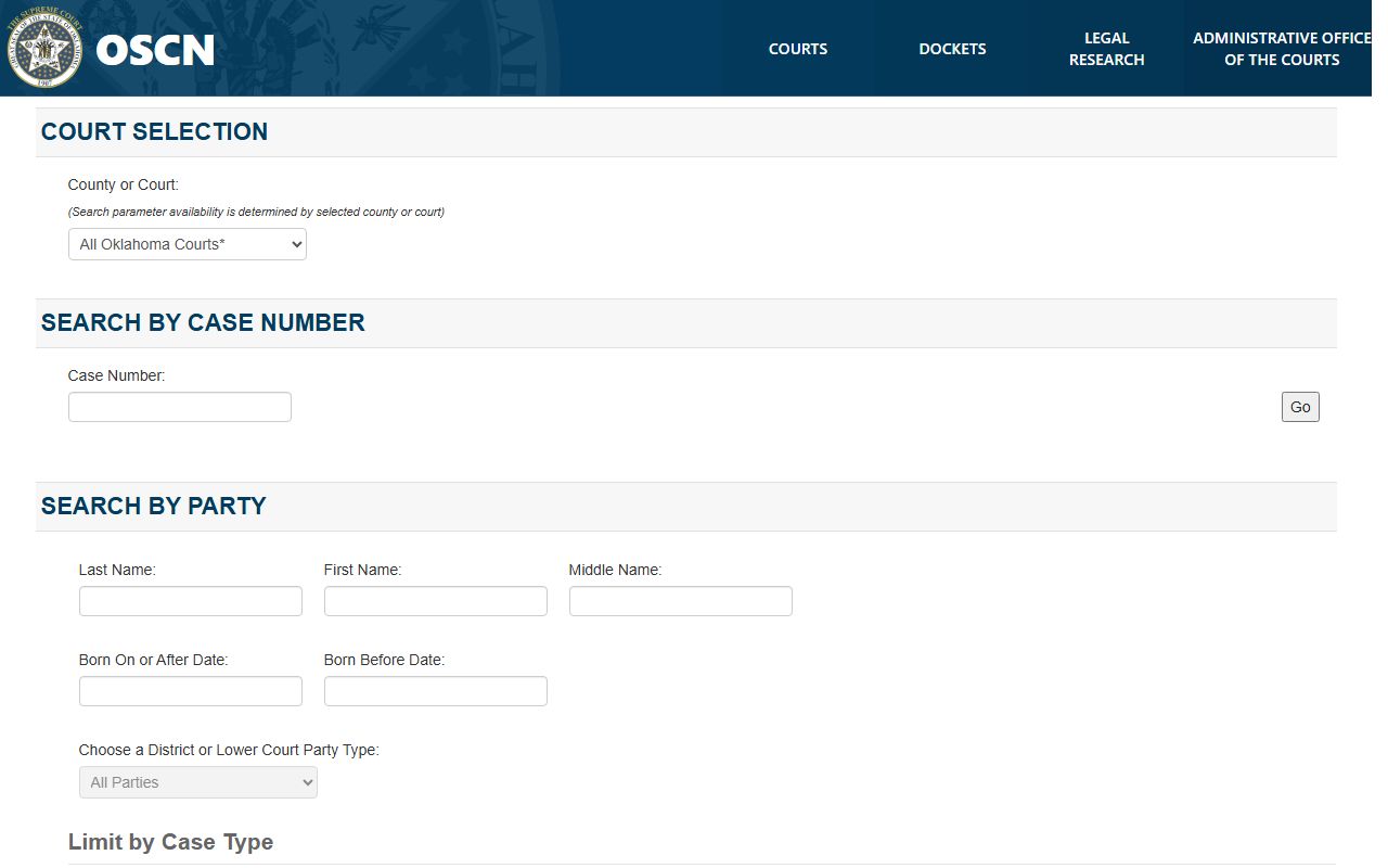 Dewey County court records advanced search form on OSCN