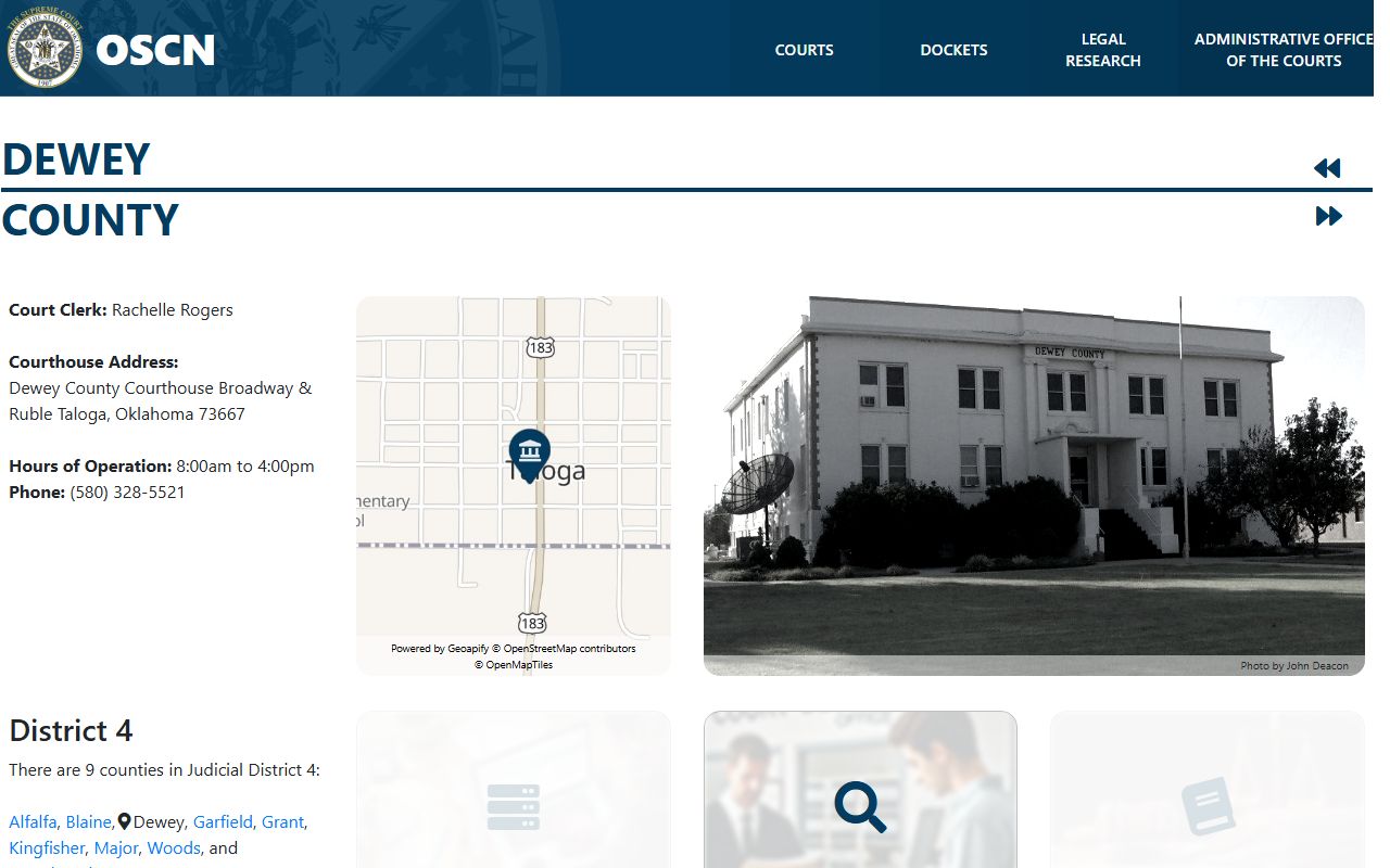 Dewey County court records page on OSCN for the District Court