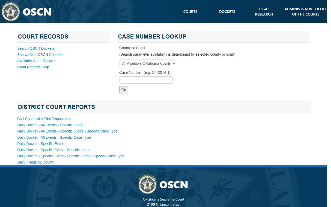 Dewey County court records search on the OSCN docket landing page
