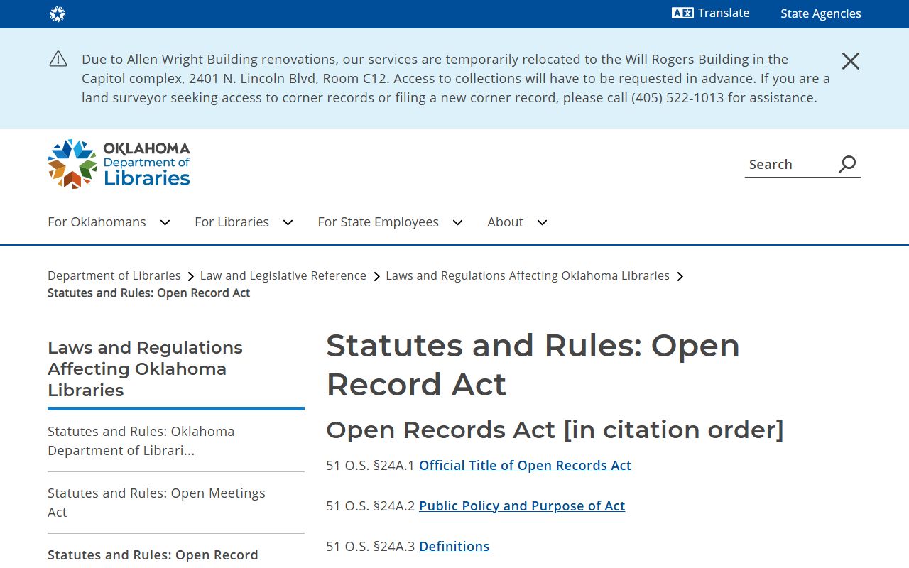 Dewey County traffic court records and Oklahoma Open Records Act statute index