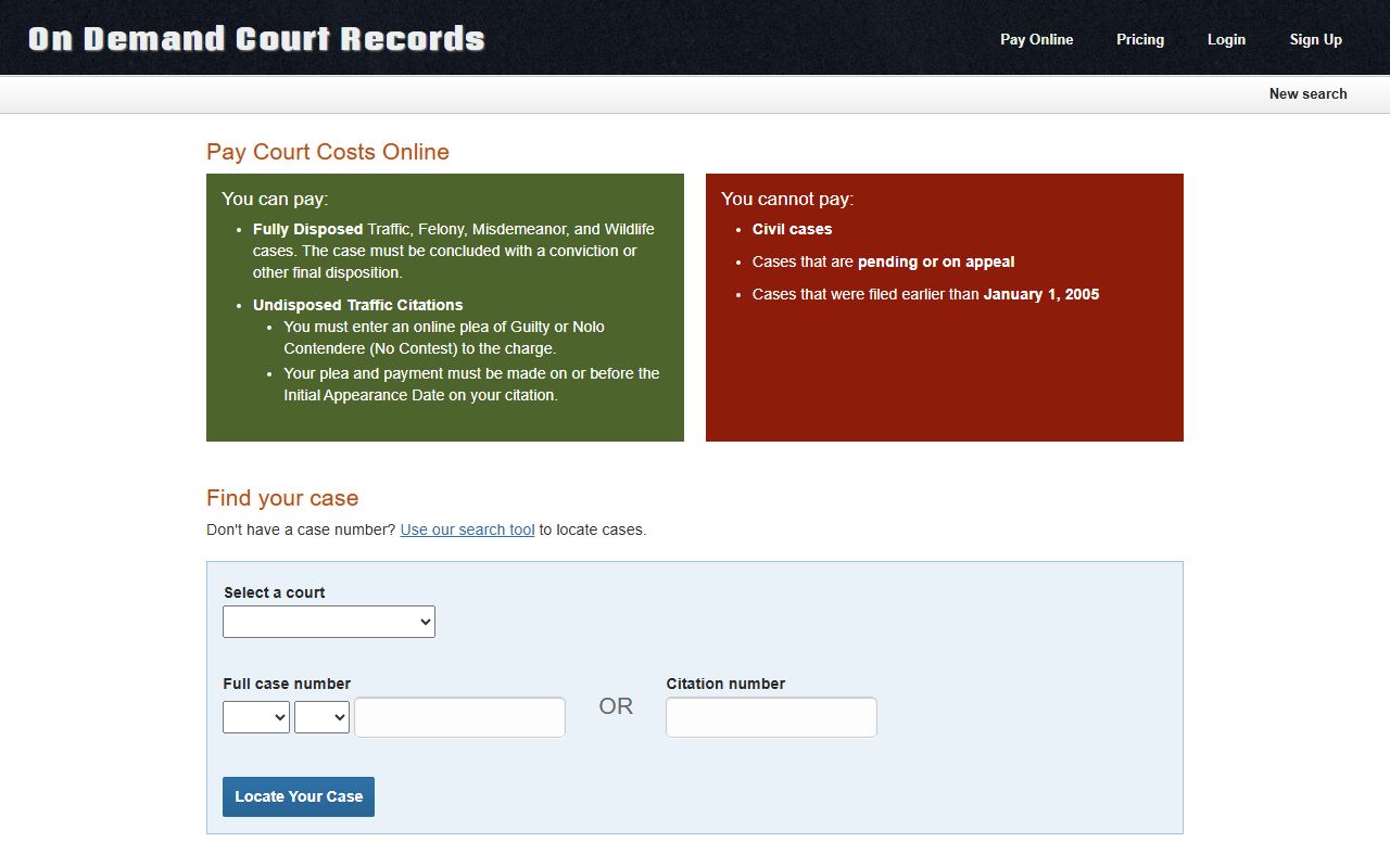 Dewey County warrant and case payment options on the ODCR online court records page