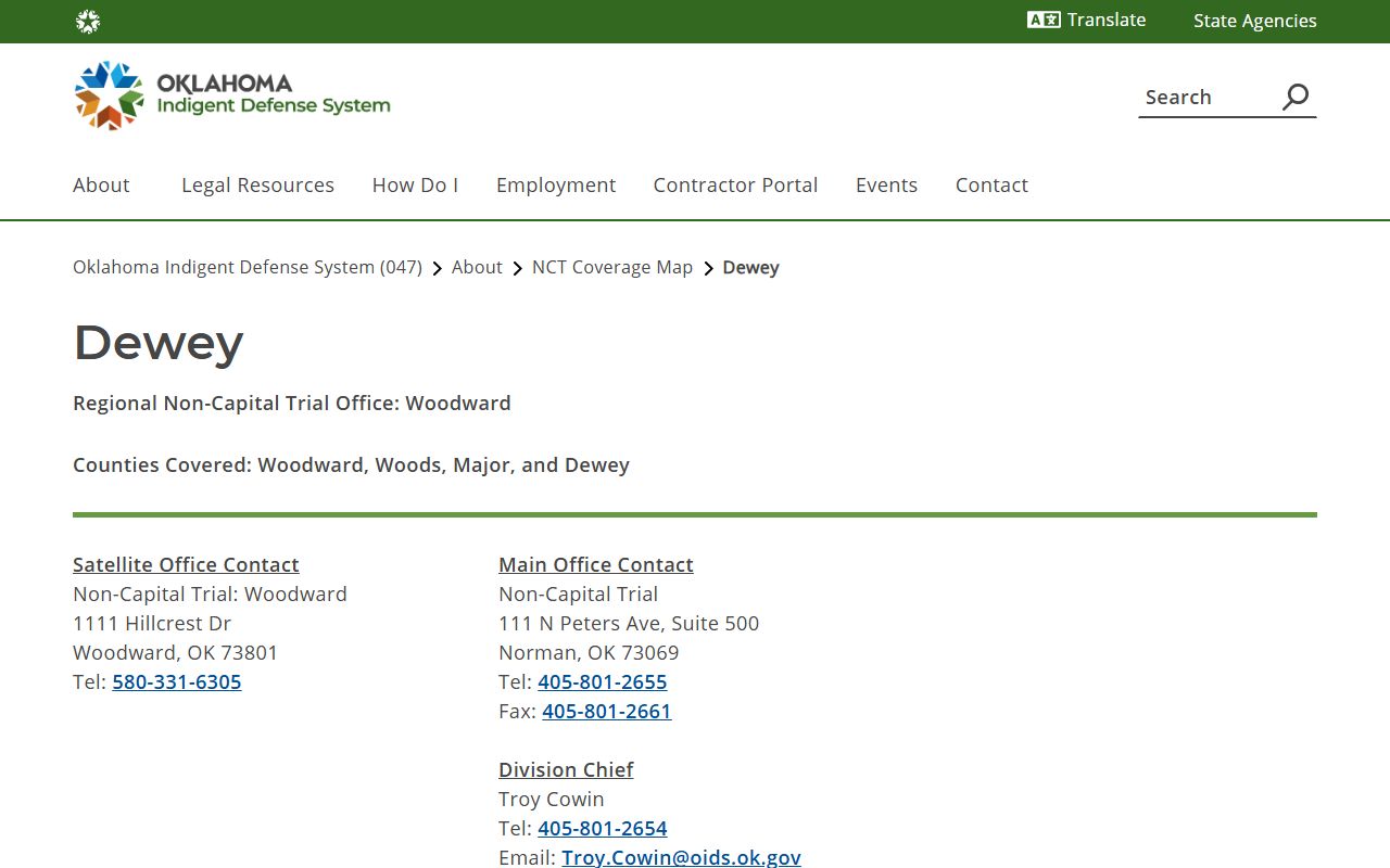 Dewey County warrant defense coverage on the Oklahoma Indigent Defense System page