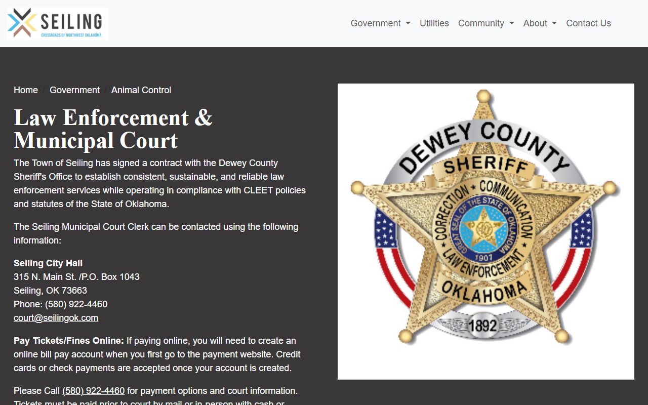 Dewey County warrant and law enforcement contacts on the Town of Seiling page